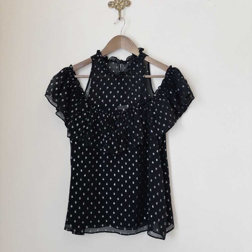 Rebecca Taylor Black Metallic Swiss Dot Silk Open Shoulder Blouse Sz 10 Luxury